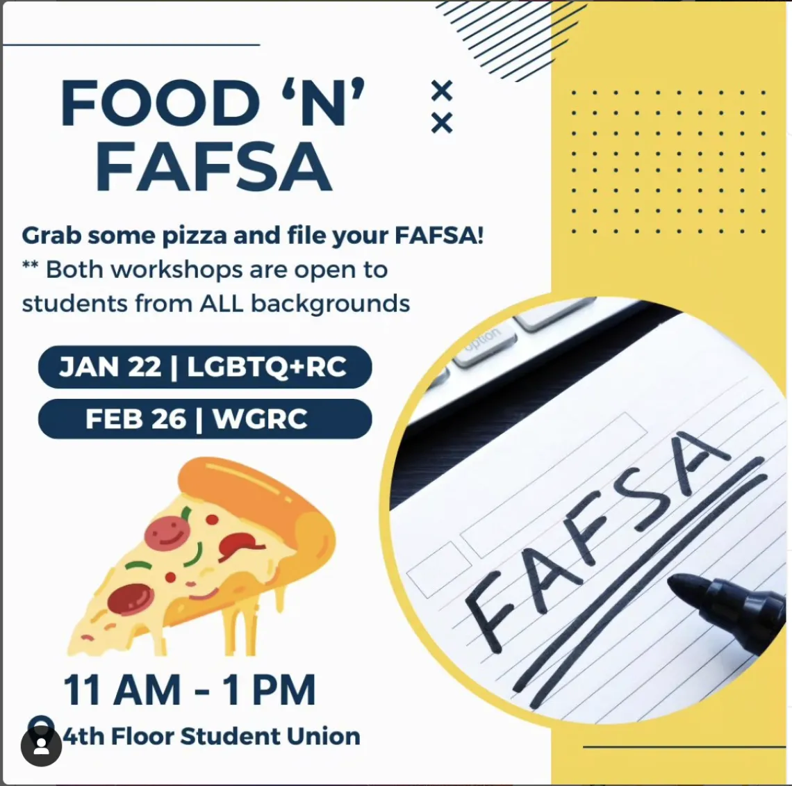 [Image Description: White background with a yellow rectangle filling up the right side of the slide. Intersecting the white and yellow is a circular image of a paper with a black sharpie and the word, “FAFSA”. Title text reads, “Food ‘N’ FAFSA”. Content text reads, “Grab some pizza and file your FAFSA! Both workshops are open to students from ALL backgrounds.” The first workshop will be held January 22 at the LGBTQ+ Resource Center. The second will be held February 26th in the Women and Gender Resource Cen