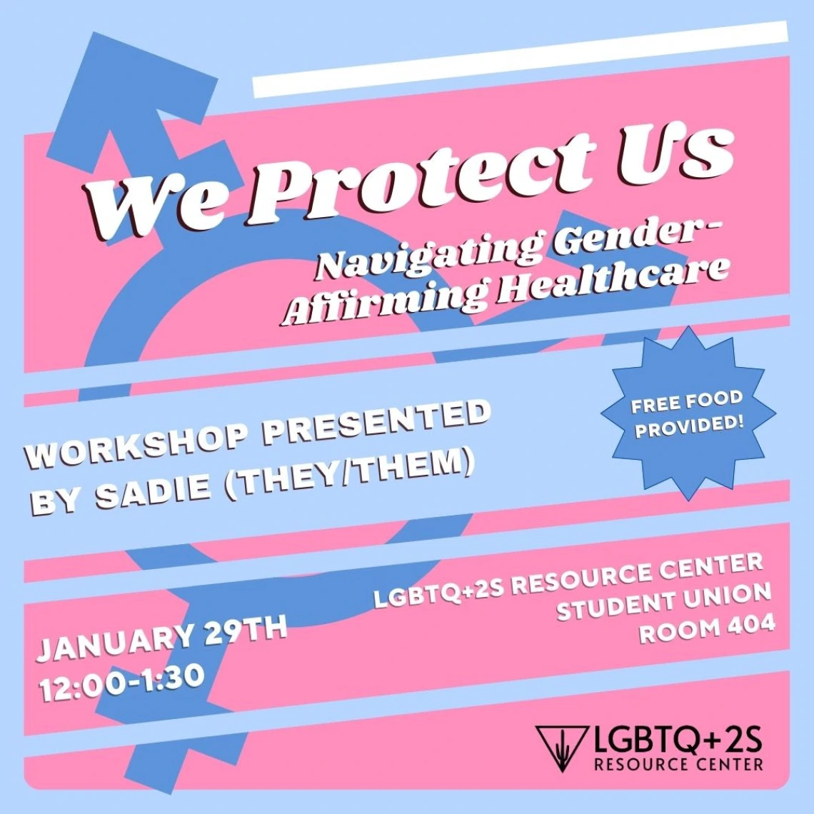 baby blue background with light pink diagonal lines. Background contains large blue transgender symbol. Title: We Protect Us: Navigating Gender-Affirming Healthcare. Text: workshop presented by Sadie (they/them). Free food provided! January 29th, 12:00-1:30. LGBTQ+2S resource center, student union, room 404