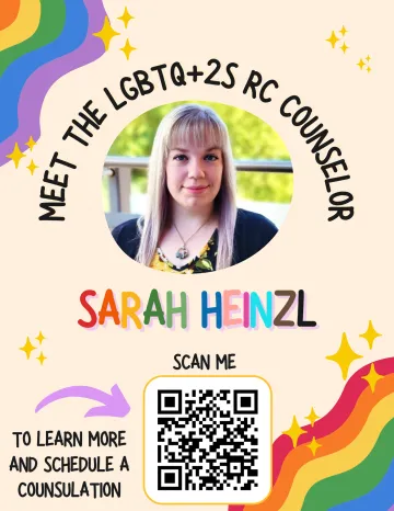Tan flyer with rainbow flag on two corners of the flyer. A picture of Sarah is in the middle the flyer, with her name in rainbow colors below it. A QR code is underneath her name