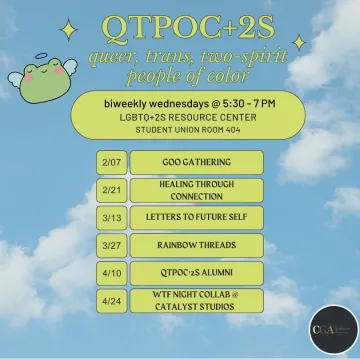 flyer with sky background. All writing is in light green and lists the spring 2024 events