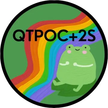 Green logo with a rainbow flowing through it. Writing in black says "qtpoc+2s" and there's a frog in the bottom right.