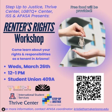 Step Up to Justice, Thrive Center, LGBTQ+ Center, ISS & APASA Presents: RENTER'S RIGHTS Workshop. Pink background, image of a white hand passing a house key to another outstretched white hand.