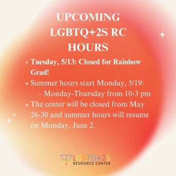 Background is orange and red ombre blob fading into white. White text decorated with sparkles. LGBTQ+ RC logo on the bottom. Full text written out below
